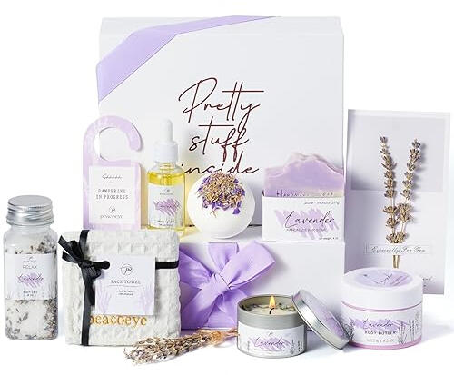A pre-curated gift box with lavender-scented bath products, a soy candle, a fluffy face towel, and a card—perfect for relaxing evenings.