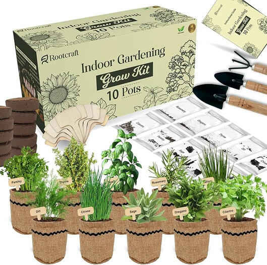 **All Organic, Non-GMO Herb Growing Kit - Complete with 10 Flavorful Herbs** (~$25) Indoor gardening system that offers 10 herb seeds, complete with burlap pots, small hand tools and nutrient-rich soil—great for patios or windowsills.