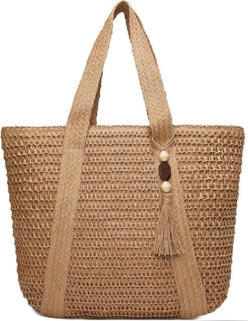 Carry your essentials in style with this straw beaded bag, perfect for beach trips or casual outings. Its neutral tones complement any summer ensemble.