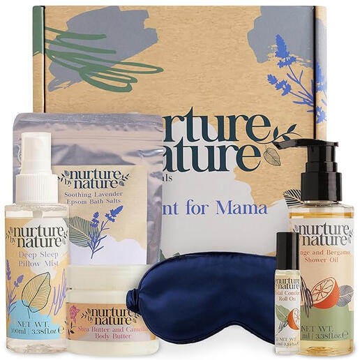 A calming sleep support kit that includes SHEA body butter, Vitamin E shower oil, lavender pillow spray, Epsom bath salts, silk eye mask, and an essential oil roll-on for bedtime bliss.