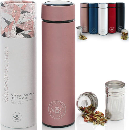 Stainless steel double-walled tea tumbler with a built-in infuser basket, great for loose leaf teas and hot beverages on the go.